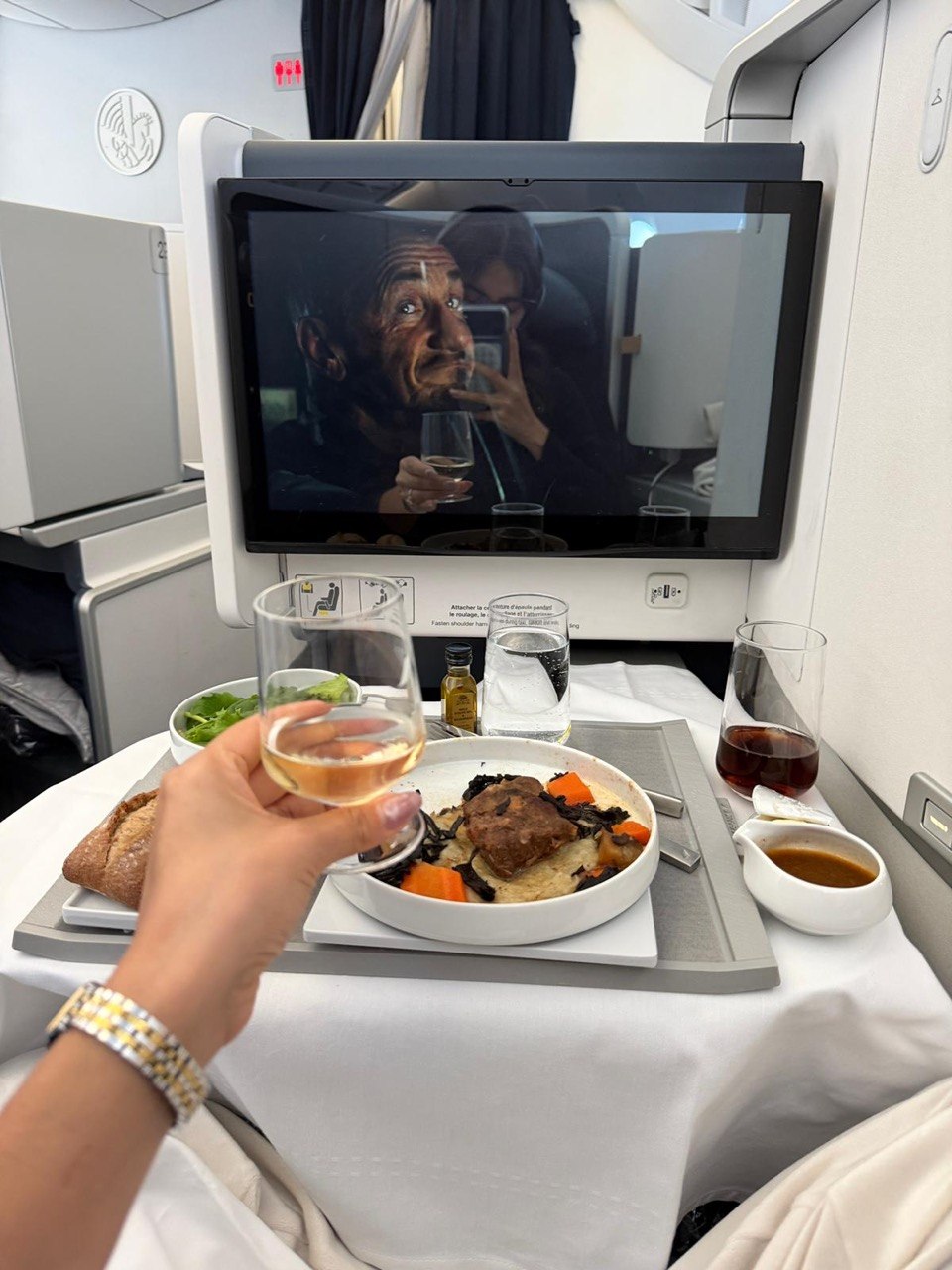 Business class meal and wine